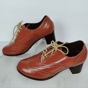 Odema Women's Brown Faux Leather Oxford Wingtip Brogue Heel Shoes, Sz 7